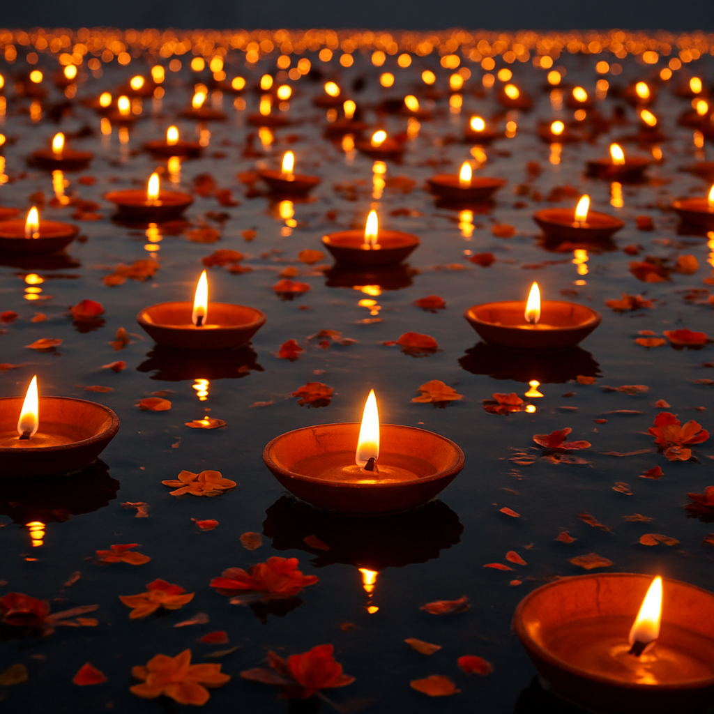 Floating oil lamps on the sacred river