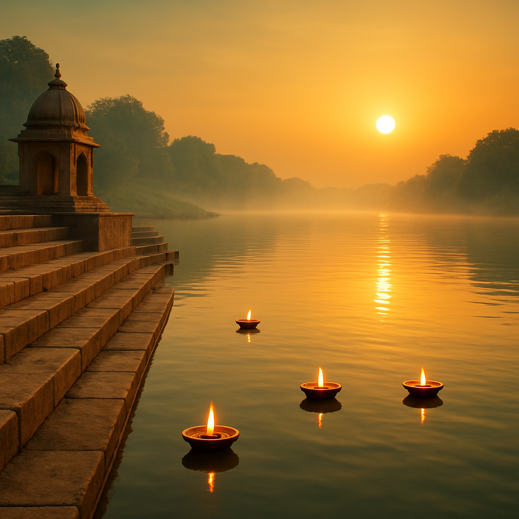 Sacred Godavari river at sunrise with traditional ghats